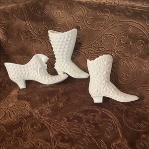 Fenton white milk glass shoes.